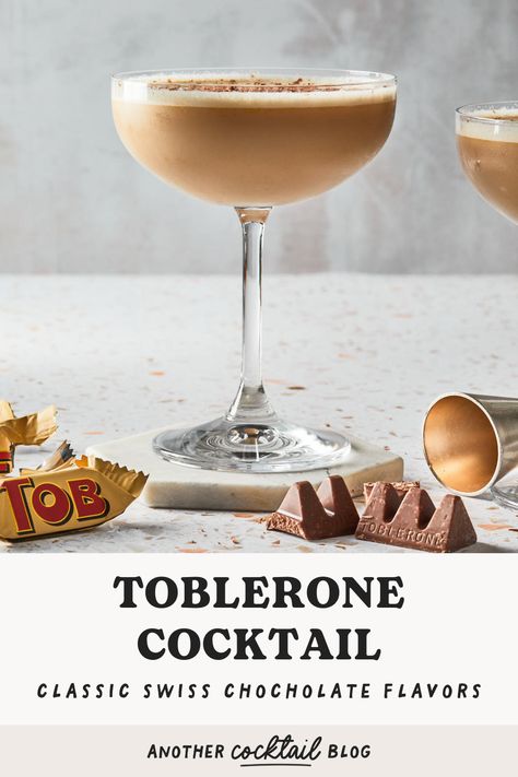 Inspired by the iconic Swiss chocolate, this rum based flip cocktail is made with Baileys, Frangelico and Kahlua. This sweet and creamy chocolate cocktail perfectly mimics the subtle flavors of honey and almond nougat you've grown to love with Toblerone chocolates. Toblerone Cocktail, Banana Cocktails, Toblerone Chocolate, Honey Cocktail, Chocolate Baileys, Chocolate Cocktails, Swiss Chocolate, Rum Cocktails, Cocktail Desserts