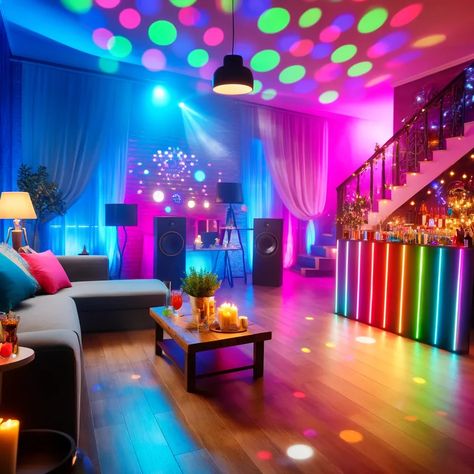 Turn up the heat with a sexy house party setup! 💃🎉 Colorful lights, a dance floor, and stylish drinks for an unforgettable night. What’s your go-to party drink?  #HouseParty #SexyVibes #DanceFloor #ColorfulLights #DJBooth #PartyTime #HomeEntertaining #NightToRemember #PartySetup #AIImages #ArtificialIntelligence #photography #love #art #fashion #music #instagood #photooftheday #reels Basement Dance Party, Dj Party Theme Decoration, House Party Lighting, Party Room Basement, House Party Background, Party Room Ideas, Party Basement, Family Playroom, Disco Room