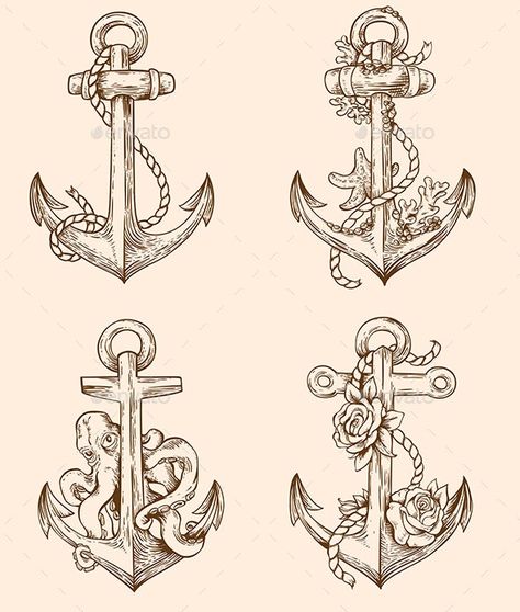 Set of Vintage Anchors by Artness | GraphicRiver Cool Anchor Tattoo, Anchor Art Design, Tattoo Ideas Anchor, Vintage Anchor Tattoo, Ancora Tattoo, Anchor Drawing, Nautical Drawing, Anchor Drawings, Tattoo Anchor