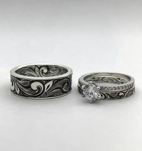 Promise Rings Country, Western Wedding Rings For Him, Western Promise Rings Silver, Cute Simple Wedding Rings, Small Western Wedding Rings, Tooled Wedding Band, Cowboy Wedding Rings, Country Style Wedding Rings, Western Wedding Bands Women