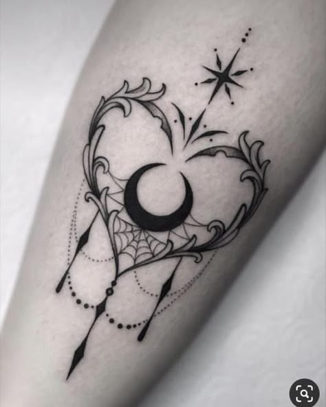 Goth Hip Tattoos Women, Creepy Gothic Tattoo, Goth Witchy Tattoos, Womens Chest Tattoo Ideas Simple, Cute And Creepy Tattoo Ideas, Gothic Tatoos Ideas, Gothic Fantasy Tattoo, Pretty Goth Tattoos, Minimalist Gothic Tattoo