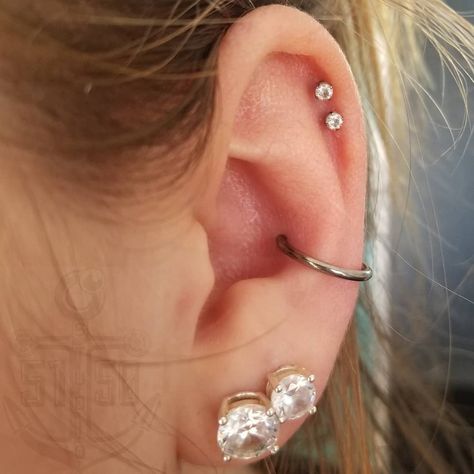 Double Helix Piercings, Double Helix Piercing, Ear Piercing Studs, Helix Piercings, Double Helix, Sleeve Tattoos For Women, Conch Piercing, Helix Piercing, Open Book