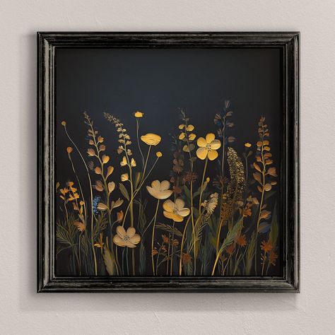 Dark floral wall art, yellow flower print, wildflower wall art, digital prints, botanical painting, moody wall art, minimalist flower poster Here you will find original and modern design works in the form of digital files. Our prints are ideal for decorating apartments, houses, and offices. Easy to download and print. Please note this is an INSTANT DIGITAL DOWNLOAD and NO PHYSICAL PRINT will be shipped to your address. After purchase, you can download 1 scalable high resolution JPG files (300 DP Flower Painting Black Background, Dark Flower Painting, Modern Floral Art, Moody Wall Art, Wildflower Wall, Wildflower Print, Wall Art Yellow, Yellow Flower Print, Pressed Flower Crafts