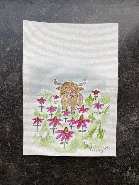 Cute fluffy brown cow, cute and easy painting using watercolor and pink flowers Flowers Watercolor Easy, Cow In Flower Field, Cow Painting Cute, Highland Cow Drawing Easy, Cute Cow Painting, Cute Fluffy Cow, Watercolor Painting Ideas Easy, Cow Drawings, Cow Drawing Easy