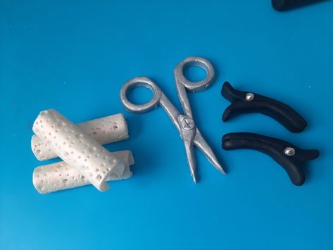 For cakes or cupcakes, mother of pearl rollers, silver scissors and bla k hair clips, all fondant Fondant Hair, Fondant Decorations, Mother Of Pearl, Fondant, Hair Clips, Tools, Hair, Silver, Quick Saves