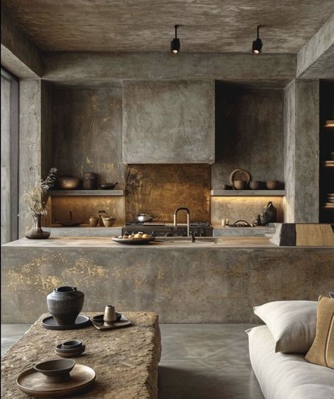 Brutalist Interior, Wabi Sabi Interior Design, Earthy Kitchen, Wabi Sabi Interior, Concrete Walls, Industrial Kitchen, Kitchen Inspiration Design, Dream House Decor, Rustic Kitchen