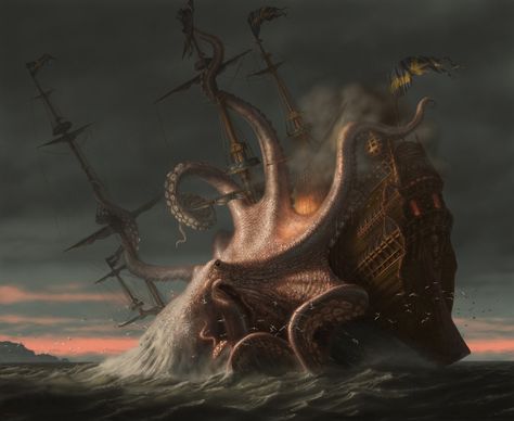 Kraken, Russell Marks on ArtStation at https://www.artstation.com/artwork/XNdkY Kraken Art, Navi A Vela, Myths & Monsters, Nautical Tattoo, Pirate Art, Underwater Creatures, Pirate Life, Sea Art, Mythological Creatures