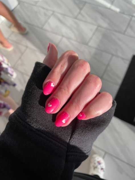 Hot Pink Nails With Heart, Hot Pink Valentine Nails, Hot Pink Nails, Pink Valentines, Heart Nails, Valentine's Day Nails, Valentines Nails, Neon Pink, Pink Heart