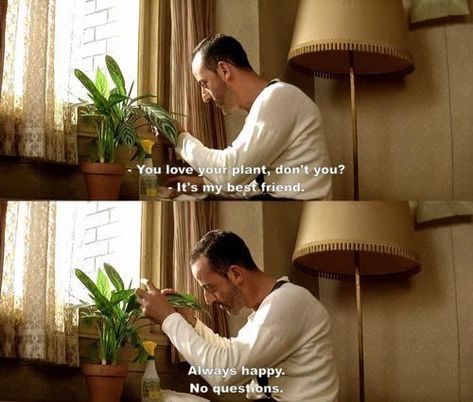 Solitary hitman Leon (1994) displays a surprising (and slightly unbalanced) tenderness in this scene as he tends to his ‘best friend’, a Aglaonema silver queen. Read more about plants in films via http://filmandfurniture.com #Leon#LeonTheProfessional #plants #flowers #interiordesign #interiorplants #aglaonema #productiondesign #film Leon Matilda, The Professional Movie, Leon The Professional, Jean Reno, Its A Mans World, 90s Movies, Film Quotes, Robin Williams, Film Books