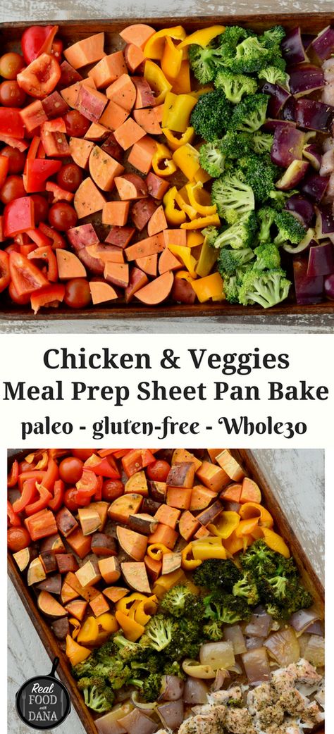 Chicken & Veggies Meal Prep Sheet Pan Bake Meal Prep Sheet Pan, Meal Prep Sheet, Tray Meals, Veggies Meal Prep, Whole30 Meals, Sheet Pan Dinners Chicken, Chicken Veggies, Sheet Pan Dinners Recipes, Sheet Pans