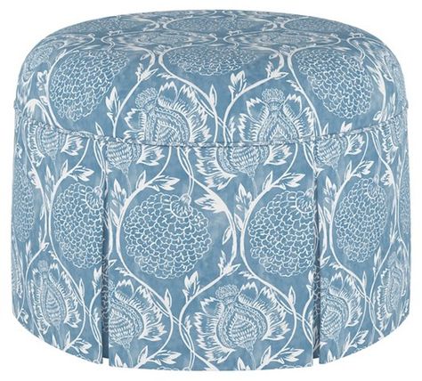 Liza Skirted Ottoman, Floral French Blue $315.00 Skirted Ottoman, Spa Inspired Bathrooms, Patterned Ottoman, Restful Bedrooms, Foyer Decorating, Elephant Logo, Coastal Living Rooms, Round Ottoman, Soothing Colors