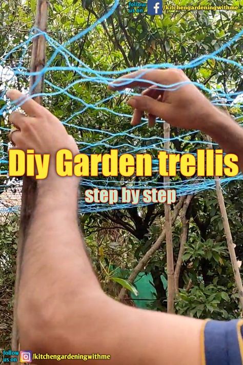 making a sturdy easy, trellis for climbing plants to maximize garden space. Video shows step by step small diy to make a garden trellis. we use this ridge gourd trellis for a huge harvest. With these easy trellis ideas we make horizontal trellis for heavy climbing plants. #trellis #gardentrellis #kitchengardening #howto #backyardgardening Homemade Trellis Ideas, Gourd Trellis, Vine Trellis Ideas, Horizontal Trellis, Small Garden Trellis, Easy Trellis, Rope Trellis, Trellis Ideas Garden, Outdoor Trellis Ideas