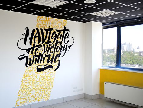 Calligraphy & Lettering. Murals on Behance                                                                                                                                                                                 More Office Wall Graphics, Office Mural, Office Wall Design, Typography Served, School Murals, Wall Painting Decor, Environmental Graphic Design, Calligraphy Lettering, Mural Design