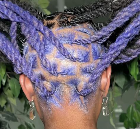 Light Purple Locs Black Women, Colored Roots Locs, Half Colored Locs, Dyed Hair Inspiration Locs, Locs Hairstyles Dyed, Purple Dyed Locs, Dark Blue Locs Black Women, Dread Hair Color Ideas, Locs With Peekaboo Color