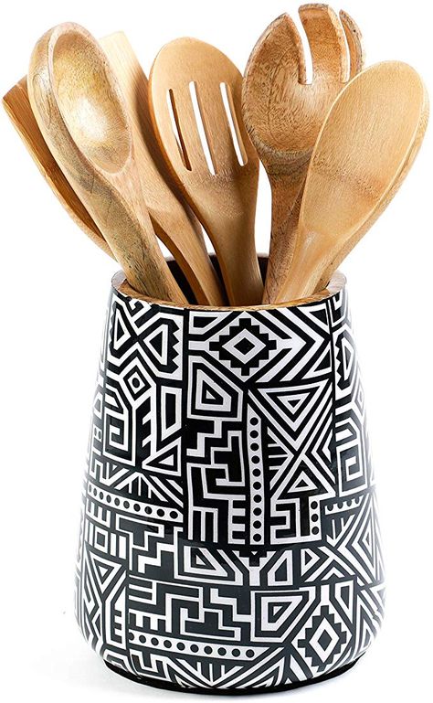 Amazon.com: Kitchen Utensil Holder or Utensil Crock, Large Decorative Wooden Utensil Organizer for Spatula, Spoon or Any Cooking Tools, Mango Wood, Tribal Black: Kitchen & Dining Wooden Utensil Holder, Kitchen Utensil Crock, Cooking Utensil Holder, Utensil Organizer, Boho Kitchen Decor, Utensil Caddy, Coffee Table Centerpieces, Indian Tapestry, Utensil Crock