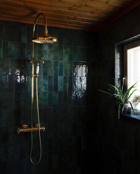 Dark Green And Wood Bathroom, Green And Black Barndominium, Dark Green Shower Tile, Dark Green Bathroom Tiles, Moody Bathroom Colors, Emerald Green Bathroom Tiles, Black And Grey Bathroom, Green Shower Tile, Forest Bathroom