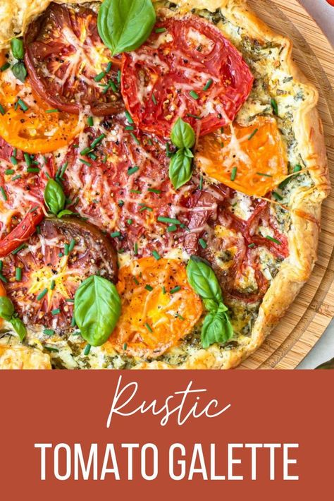 When fresh tomatoes are at their peak, make this Heirloom Tomato Galette. A homemade pie crust is wrapped around herby crème fraîche and juicy tomatoes, then baked with a sprinkle of cheese. Perfect for an appetizer or light dinner! Tart With Puff Pastry, Tomato Galette, Veggie Plate, Savory Pies Recipes, Galette Recipe, Savory Cheese, Boursin Cheese, Baked Tomatoes, Tomato Tart