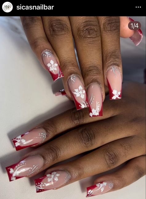 red nails, red frenchies, gel x, y2k hibiscus flowers Red Hibiscus Flower Nails, Frenchies Aesthetic, Red Hibiscus Nails, Red Vacation Nails, Red Flower Nail Designs, Red Frenchies, Red Summer Nails, Deep Red Nails, Dark Red Nails