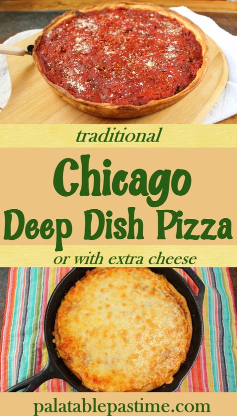 Chicago Deep Dish Pizza is made in the pan style using a cast iron skillet with sauce on top or even extra cheese! Pizza Cast Iron, Chicago Deep Dish Pizza Recipe, Chicago Deep Dish, Chicago Style Deep Dish Pizza, Deep Dish Pizza Recipe, Seafood Pizza, Chicago Deep Dish Pizza, Chicago Pizza, Cast Iron Recipes