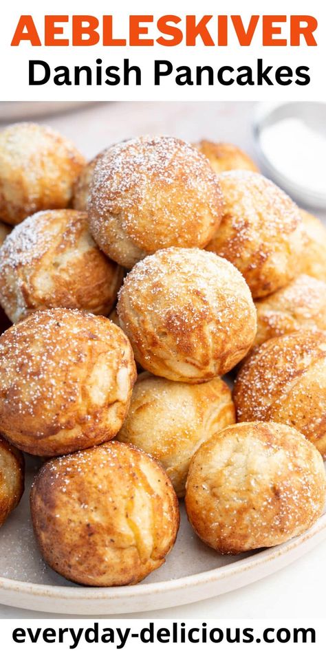 Aebleskiver Recipe - Danish Pancake Balls - Everyday Delicious Cinnamon Sugar Pancakes, Danish Pancake Balls, Aebleskiver Recipe, Pancake Balls, Danish Pancakes, Banana Chocolate Chip Pancakes, Crepes And Waffles, Pancake Recipes, Savory Crepes