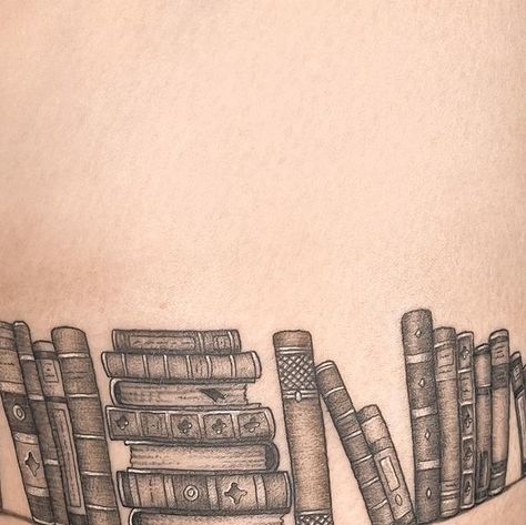 Stacked Book Tattoo, Book Shelf Tattoo, Book Spine Tattoo, Bookshelf Tattoo, Shelf Tattoo, Filler Ideas, Mastectomy Tattoo, Bookish Tattoos, Tattoo Filler