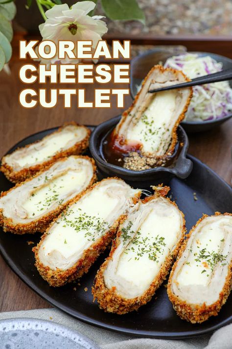 Korean Cheese Katsu Recipe & Video - Seonkyoung Longest Easy Korean Recipes Dinners, Korean Pork Cutlet, Cheese Pork Cutlet, Korean Food Recipes Desserts, Korean Fried Cheese, Korean Easy Recipes, Korean Food Recipes South Korea, Korean Snacks Recipe, Korean Dishes Recipes