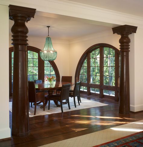 We complemented the dramatic arched windows in this Queen Anne style house with Balinese columns, a perfect blending of style and culture. Houses With Round Windows, Queen Room Aesthetic, House Design Indian Style, Kerala Style House, Arch Windows, Arch Window, India Home Decor, Interior Design Your Home, Indian Home Design