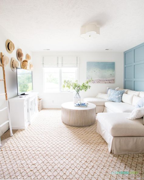 Family Room Beach House, Coastal Rugs Living Room Beach, Coastal Playroom Ideas, Coastal Basement Ideas, Coastal Playroom, Pottery Barn Coastal, Coastal Loft, Montauk Style, Small Coastal Living Room