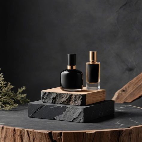 Elegant perfume bottles on a natural stone and wood display Perfume Display Ideas, Perfume Presentation, Luxury Pictures, Luxury Photos, Elegant Perfume, Mockup Product, Stone And Wood, Perfume Display, Product Presentation