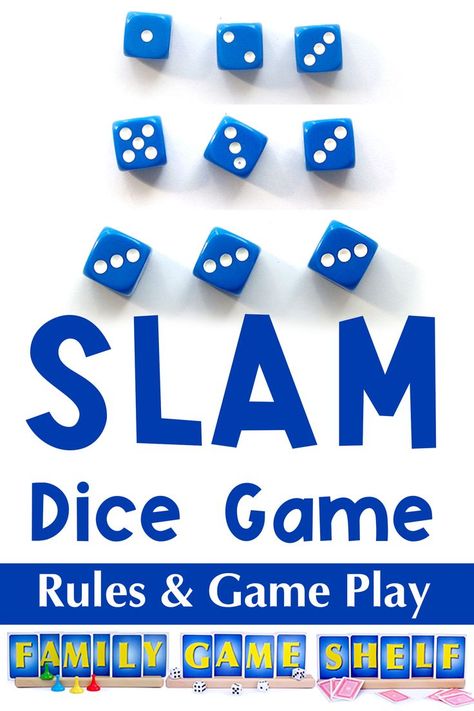 Slam Dice Game rules and game play for family game night Tenzi Game Ideas, Simple Dice Games, Easy Family Games Ideas, Dice Games For Adults Couples, Easy Dice Games, Dice Games For Adults, Dice Games For Kids, Pig Dice Game, Dice Game Rules