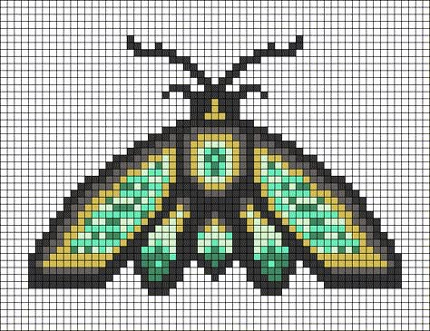 Pixel Moth Pattern, Insect Alpha Pattern, Bug Grid Pattern, Unique Pixel Art, Insect Perler Bead Patterns, Moth Pixel Art Grid, Bug Alpha Pattern, Moth Alpha Pattern, Bug Pixel Art