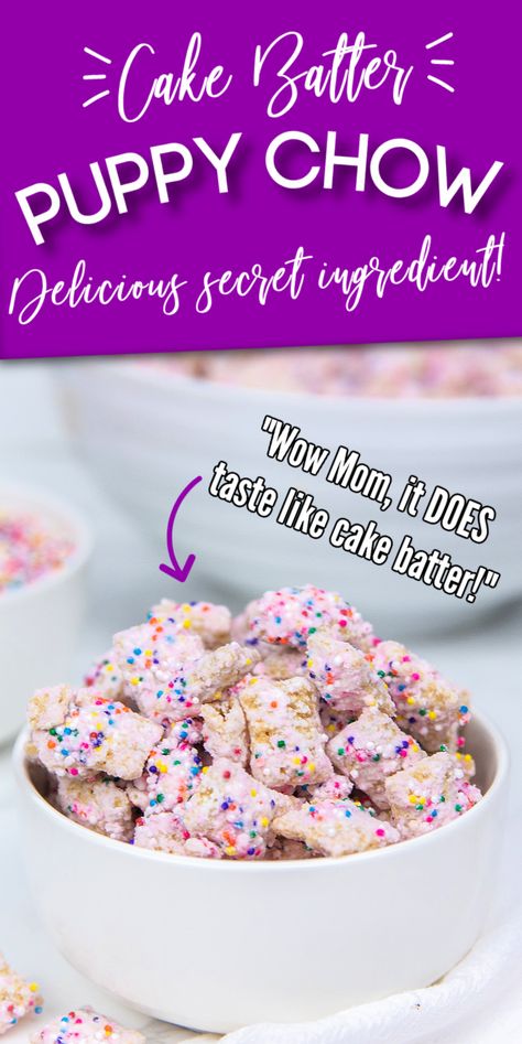 Cake Batter Puppy Chow is a delicious and simple cake batter dessert. Crispy cereal dredged in white chocolate, sprinkles and more. So easy! #passion4savings #cakebatter #puppychow #muddybuddies #easy #nobake #dessert #treat #recipe #secret Cake Batter Puppy Chow, Puppy Chow With Sprinkles, Birthday Cake Puppy Chow, Birthday Cake Muddy Buddies, Flavored Puppy Chow, Crispix Puppy Chow Original, Puppy Chow Crispix Recipe, Cake Batter Puppy Chow Funfetti, Easy Puppy Chow Recipe