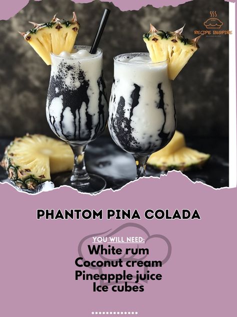 👻🍍 Transport yourself to a tropical haunt with the Phantom Pina Colada—a ghostly take on a classic favorite! 🏝️🕸️ #PhantomPinaColada #HalloweenCocktails Phantom Pina Colada Ingredients: White rum (2 oz) Coconut cream (1 oz) Pineapple juice (3 oz) Ice cubes (as needed) Black charcoal powder (a pinch, optional) Pineapple slice (for garnish) Instructions: Blend rum, coconut cream, pineapple juice, and ice until smooth. Add a pinch of black charcoal powder for a ghostly hue (optional). Pour i... Fun Halloween Drinks, Juice Ice Cubes, Black White Halloween, Pina Colada Recipe, Charcoal Powder, Pineapple Slices, White Halloween, Halloween Cocktails, White Rum