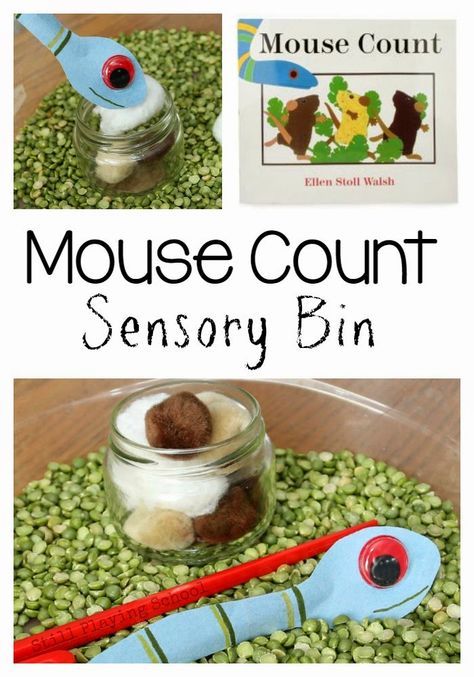 Mouse Count Sensory Bin inspired by author Ellen Stoll Walsh at Still Playing School Preschool Mouse, Sensory Stories, Mouse Shapes, Book Themed Activities, Sensory Tubs, Mouse Paint, Fine Motor Activity, Sensory Ideas, Mouse Crafts