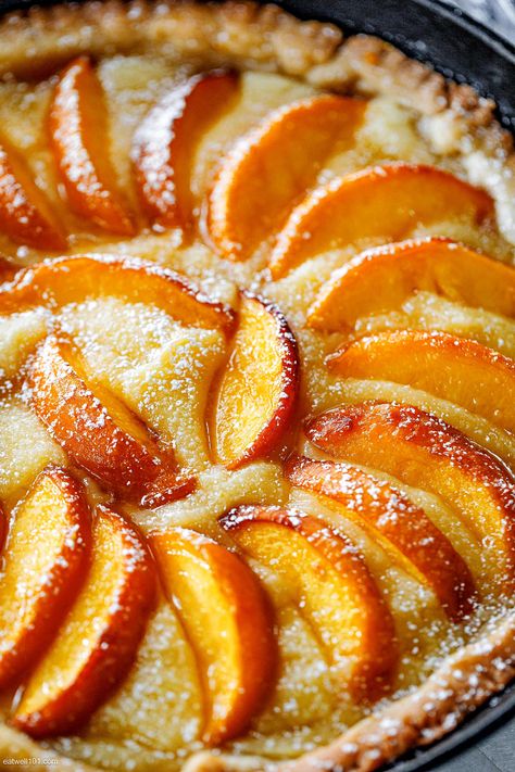 French Peach Tart - #peach #tart #recipe #eatwell101 - Traditional peach tart recipe gets a delicious twist, featuring an irresistible almond cream filling. Follow the simple steps to create a mouth-watering peach tart that will leave everyone begging for more! - #recipe by #eatwell101® Peach Tart Recipe, Almond Cream Filling, Peach Tart Recipes, Traditional French Desserts, French Tart, Peach Tart, Fruit Tart Recipe, Frangipane Tart, Baked Peach