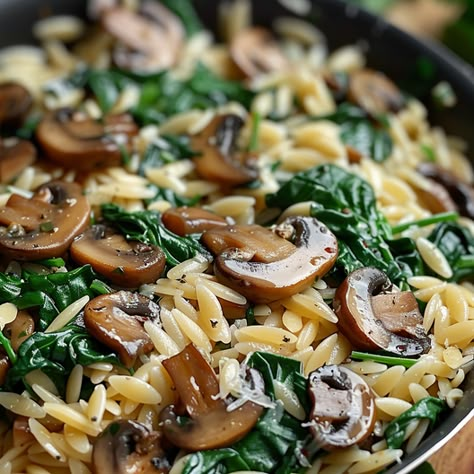 Spinach Mushroom Orzo Spinach Mushroom Orzo Pasta, Spinach Mushroom Recipes Healthy, Orzo Spinach Mushroom, Pasta And Greens, Creamy Spinach And Mushroom Orzo, Orzo Pasta Recipes Vegetarian, Spinach Mushroom Rice Recipes, Orzo With Spinach And Mushrooms, Orzo Recipes Mushroom