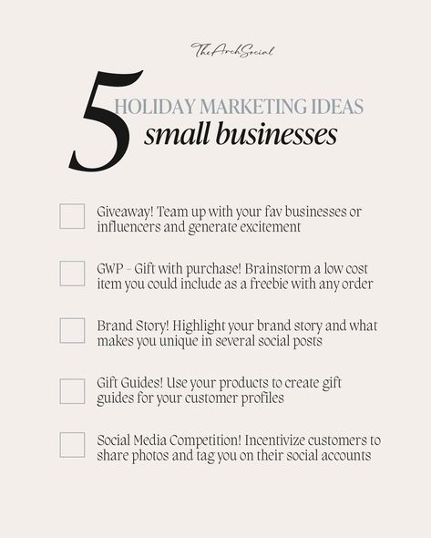 looking for a way to put the holiday spirit in your posting strategy? try implementing one of these 5 holiday marketing ideas into your November/December plan! 🥳 the holiday seasons are all about connecting and finding a way to stand out in your market! don’t wait until the last minute, map out your strategy TODAY! 💻🩷 small business marketing, holiday marketing, marketing prep, holiday season, sales season, gift with purchase, giveaway, social media marketing Small Business Holiday Calendar, Small Business Holiday Marketing, November Social Media Ideas, Holiday Marketing Ideas, Holiday Social Media Posts, Health Marketing, Holiday Marketing, Holiday Giveaway, Holiday Giveaways