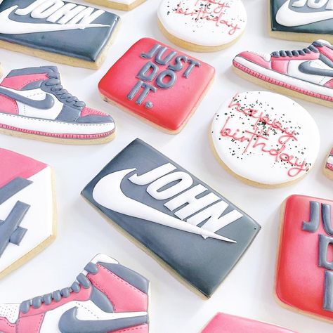 Jordan Baby Shower, Shoe Cookies, 40th Birthday Party Decorations, Neon Sneakers, Sugar Cookie Designs, 13th Birthday Parties, Birthday Desserts, 14th Birthday, 30th Birthday Parties