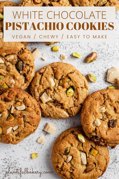 Chocolate Pistachio Cookies, Vegan Pistachio, Easy Vegan Cookies, Chocolate Pistachio, Vegan White Chocolate, Pistachio Cookies, Vegan Baking Recipes, Vegan Cookies Recipes, Vegan Chocolate Chip Cookies