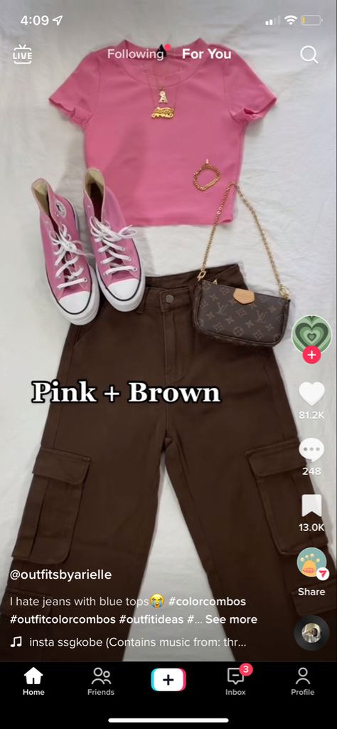 Brown And Pink Combo Outfit, Brown Pants Pink Top Outfit, Cute Outfits With Brown Pants, Brown And Pink Outfit Color Combos, Brown Color Combos Outfits, Brown Outfit Color Combos, How To Style Brown Cargo Pants, Pink And Brown Outfits, Outfits With Brown Pants