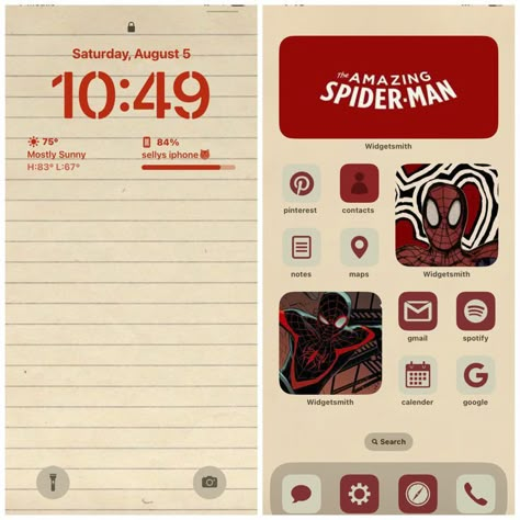 Phone Layout Ideas Spiderman, Iphone Spiderman Theme, Spiderman Wallpaper Layout, Homescreen Layout Spiderman, Spiderman Bio Ideas, Aesthetic Iphone Lockscreen Layout, Diy Wallpaper Ideas Iphone, Spiderman Ios Layout, Spider Man Iphone Layout