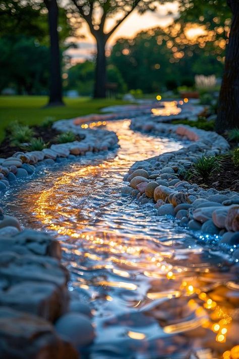 Garden Streams And Ponds, Stream In Garden, Forest Garden Backyards, Backyard River, Backyard Creek, Stream Elements, Backyard Stream, Garden Stream, Outdoor Living Space Ideas