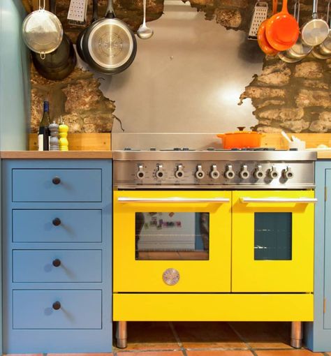 Post Image Colored Stove, Blue Kitchen Cabinets, Sustainable Kitchen, Kitchen Pantry Cabinets, Yellow Home Decor, Kitchen Oven, Blue Cabinets, Yellow Bathrooms, Range Cooker