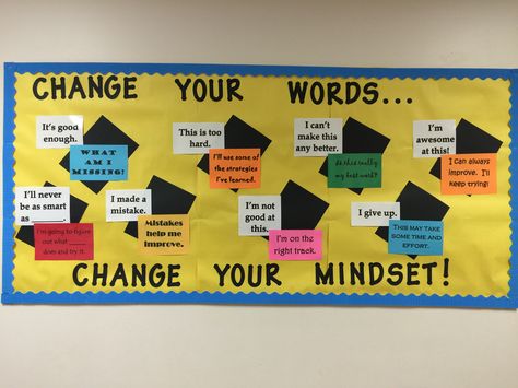 Change your words . . . Change your mindset! Motivation Corner Ideas, Change Bulletin Board Ideas, Thoughts For Classroom Board, Change Your Words Change Your Mindset Bulletin Board, Growth Vs Fixed Mindset Anchor Chart, Soft Board Decoration, Counseling Corner, Growth Mindset And Fixed Mindset, Mindset Bulletin Board