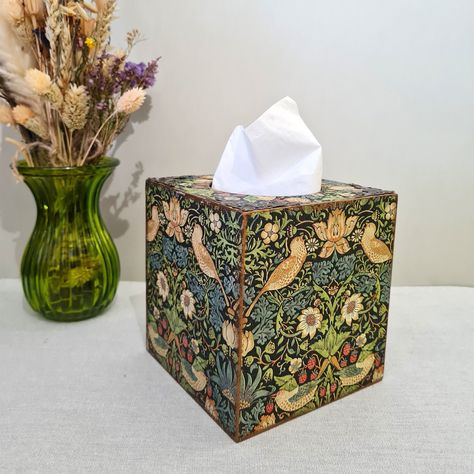 William Morris Tissue Box, Floral Birds Tissue Holder, Country Farmhouse Home Decor Tissue Box, Green Gold Birds Strawberry Thief Tissue Box - Etsy UK Cute Tissue Box Cover, Tissue Box Design, Gold Birds, Morris Design, Tissue Cover, William Morris Designs, Strawberry Thief, Ceramic Boxes, Farmhouse Home Decor