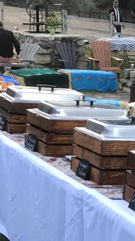 Outdoor Food Display Ideas, Wedding Food Presentation, Chafing Dish Display Ideas Wedding, Salad Bar Display Presentation, How To Hide Chafing Dishes, How To Decorate Chaffing Dishes, Chafing Dish Display Ideas Party, How To Serve Butter At A Party, Chaffing Dishes Buffet Food Stations