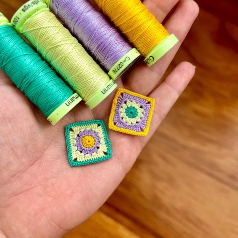 Asymmetrical handmade micro crochet flower square earrings, yellow, turquoise and purple, 14k gold-filled OR sterling silver jewellery These earrings are handcrafted with a 0.6mm crochet hook and Gütermann's sewing thread. The finished motif is around 2.5cmx2.5cm, making these light and easy to wear all day long. The bright colours will bring a pop of life to any outfit. A great gift for a special someone! Your choice of 14k yellow gold-filled jewellery or sterling silver. Sterling silver is the Crochet Thread, Micro Crochet Earrings, Crochet Jewellery, Micro Crochet Pattern Free, Micro Crochet, Crochet Flower Squares, Crochet Jewelry Patterns, Rope Crafts Diy, Crochet Earrings Pattern