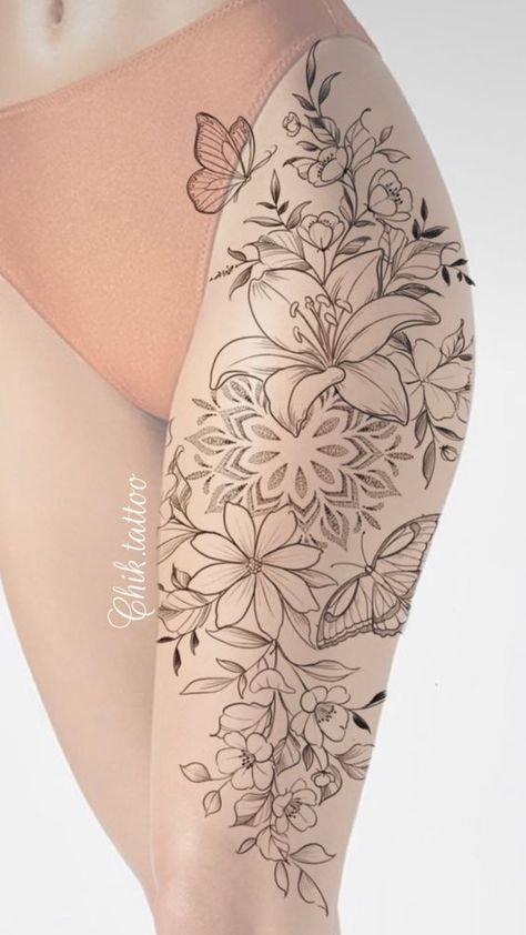 Floral Mandala Tattoo Design, Leg Flower Tattoo, Thigh Piece Tattoos, Leg Sleeve Tattoos, Thigh Sleeve, Floral Thigh Tattoos, Full Leg Tattoos, Hip Thigh Tattoos, Floral Tattoo Sleeve