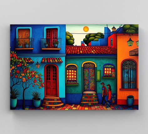 Sip And Paint Ideas Mexican, Mexican Digital Art, Mexican Village Paintings, Mexican Wall Mural, Mexican Modern Art, Mexican Art Work, Mexican Artwork Paintings, Mexico Art Culture, Mexican Canvas Painting