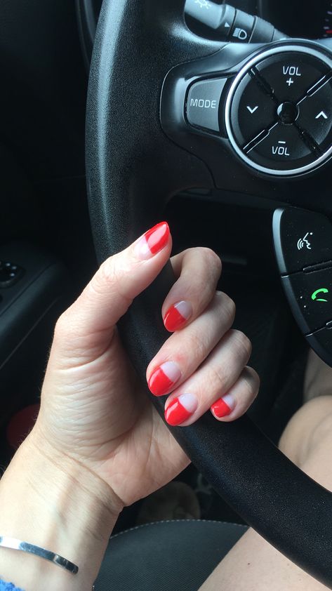 Half Nail Painted, Half Dip Nails, Red Half Nails, Half Painted Nail Designs, Half Color Nails, Red And Beige Nails, Half Red Nails, Red Negative Space Nails, Half Painted Nails